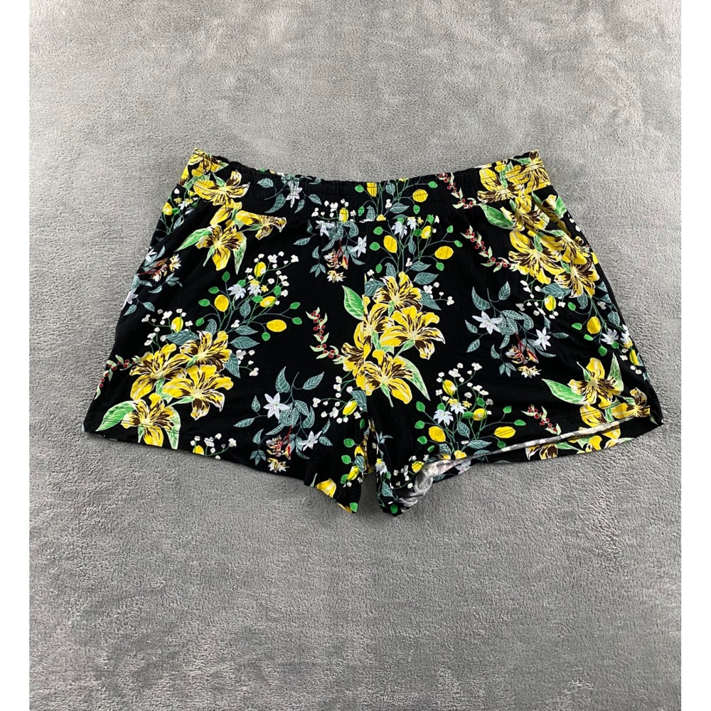 Serra Womens XL Floral Lemon Print Shorts Black Yellow Tropical Rayon Blend